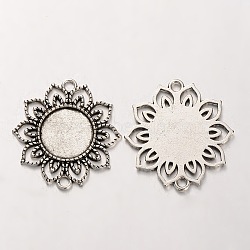 Tibetan Style Alloy Flower Cabochon Connector Bezel Settings, Cadmium Free & Lead Free, Antique Silver, Flat Round Tray: 18mm, 39x35x2mm, Hole: 3mm, about 158pcs/kg(PALLOY-J494-06AS)