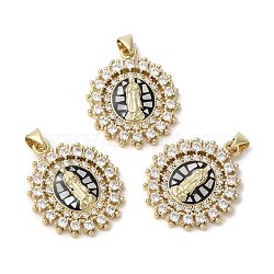 Flat Round with Virgin Mary, Brass Micro Pave Cubic Zirconia Pendants, with Enamel & Shell, Long-Lasting Plated, Lead Free & Cadmium Free, Real 18K Gold Plated, Black, 28x23x3mm, Hole: 5x3.5mm(KK-K385-028G)