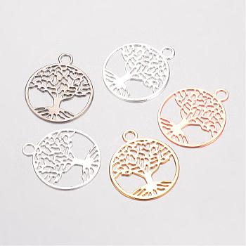 Brass Filigree Pendants, Flat Round with Tree of Life, Mixed Color, 23.5x20x0.5mm, Hole: 3mm
