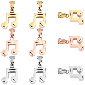 9Pcs 3 Colors 304 Stainless Steel Pendants, Manual Polishing, Musical Note, Golen & Stainless Steel Color & Rose Gold, 15x12x3.5mm, Hole: 6x2.5mm, 3pcs/color
