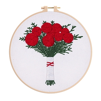 Flower Pattern DIY Embroidery Kit, including Embroidery Needles & Thread, Cotton Cloth, Red, 210x210mm