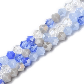 Electroplate Glass Beads Strands, Opaque & Transparent & AB Color Plated, Faceted, Bicone, Cornflower Blue, 4x4.5mm, Hole: 0.9mm, about 94~95pcs/strand, 13.86''(35.2cm)