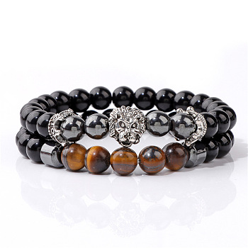 Natural Tiger Eye & Obsidian & Synthetic Non-magnetic Hematite Stretch Bead Stretch Bracelets, with Lion Head for Men, 