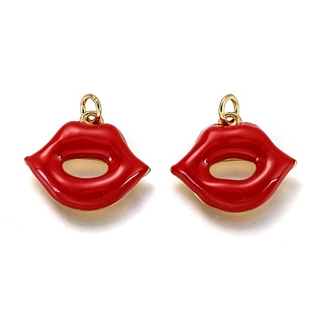 Brass Enamel Pendants, Long-Lasting Plated, Real 18K Gold Plated, with Jump Ring, Lip, Red, 13.6x16x2.5mm, Hole: 2.4mm