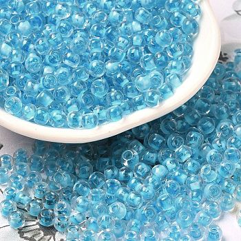 Transparent Glass Round Seed Beads, Inside Colours, Round, Deep Sky Blue, 6/0, 4x3mm, Hole: 1.2mm, about 7258pcs/pound