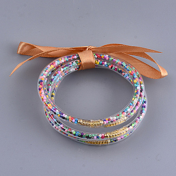 PVC Plastic Buddhist Bangle Sets, Jelly Bangles, with Glass Seed Beads and Polyester Ribbon, Colorful, 2-1/2 inch(6.3cm), 5pcs/set