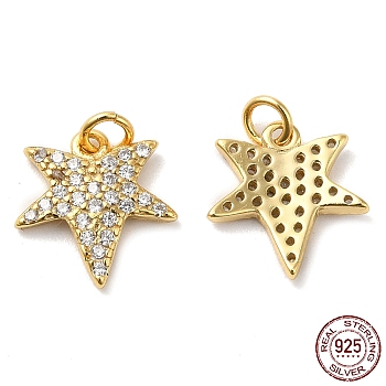925 Sterling Silver Micro Pave Cubic Zirconia Charms, Maple Leaf Charm, with Jump Ring, Real 18K Gold Plated, 10.5x10x1.5mm, Hole: 2mm