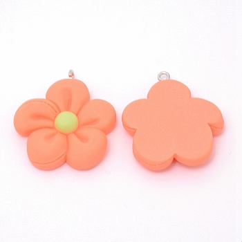 Resin Pendants, with Platinum Iron Finding, Flower, Coral, 35x30x6mm, Hole: 2mm