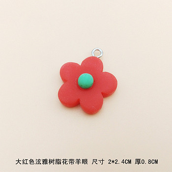Resin Pendants, with Platinum Plated Screw Eye Pin Peg Bails, Flower, Red, 24x19.5x8mm, Hole: 2mm