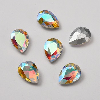 Glass Rhinestone Cabochons, Faceted, Flat Back & Back Plated, Teardrop, Crystal AB, 18x13x6mm