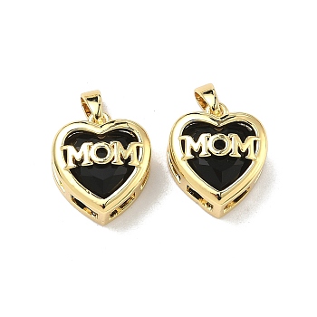 Mother's Day Brass Glass Pendants, Heart with Word Mom Charm, Rack Plating, Long-Lasting Plated, Cadmium Free & Lead Free, Golden, 15x13x7mm, Hole: 2x4.5mm