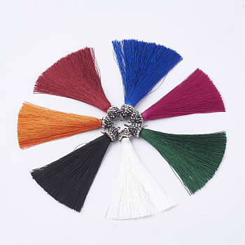 Polyester Tassel Pendant Decoration, with Rhinestone and Iron Findings, Gunmetal, Mixed Color, 72~75x9~10mm, Hole: 2mm