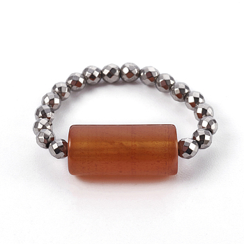 Natural Carnelian Stretch Rings, with Electroplate Non-magnetic Synthetic Hematite Beads, Column, US Size 14(23mm)
