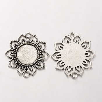 Tibetan Style Alloy Flower Cabochon Connector Bezel Settings, Cadmium Free & Lead Free, Antique Silver, Flat Round Tray: 18mm, 39x35x2mm, Hole: 3mm, about 158pcs/kg