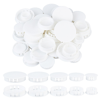 AHADEMAKER 50Pcs 5 Style Plastic Hole Plugs, Snap in Flush Type Hole Plugs, Post Pipe Insert End Caps, for Furniture Fencing, Flat Round, White, 29~54x11mm, 10pcs/style