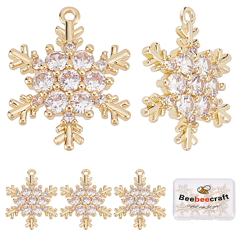 10Pcs Brass Micro Pave Clear Cubic Zirconia Pendants, Snowflake, Real 18K Gold Plated, 19x15x3mm, Hole: 1.2mm