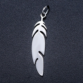 201 Stainless Steel Pendants, Stamping Blank Charms, with Unsoldered Jump Rings, Feather, Stainless Steel Color, 26x6x1mm, Hole: 3mm, Jump Ring: 5x0.8mm