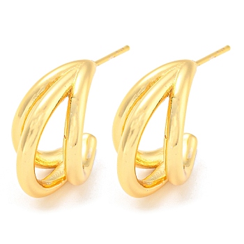 Rack Plating Brass Stud Earrings, Split Earrings, Long-Lasting Plated, Lead Free & Cadmium Free, Real 18K Gold Plated, 16.5x10mm
