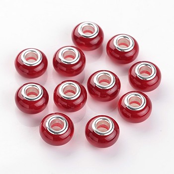 Large Hole Rondelle Resin European Beads, with Silver Color Plated Brass Cores, Imitation Cat Eye, Red, 13.5~14x9mm, Hole: 5mm
