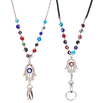 2Pcs 2 Style Glass Evil Eye Round Beaded Name Card Lanyards, Mobile Straps, Retractable Badge Reels, with Alloy Hamsa Hand, Swivel Clasp & Key Ring, Mixed Color, 76~80cm, 1pc/style