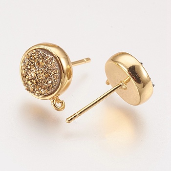 Brass Ear Stud Findings, with Druzy Resin Cabochon and Loop, Flat Round, Golden, Goldenrod, 12.5x10mm, Hole: 1mm, Pin: 0.7mm