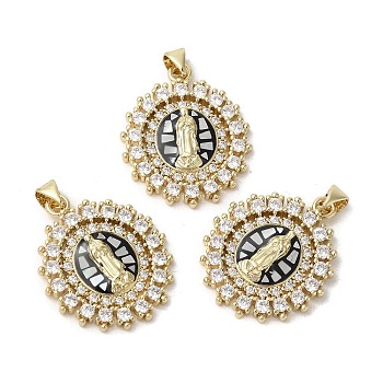 Flat Round with Virgin Mary, Brass Micro Pave Cubic Zirconia Pendants, with Enamel & Shell, Long-Lasting Plated, Lead Free & Cadmium Free, Real 18K Gold Plated, Black, 28x23x3mm, Hole: 5x3.5mm