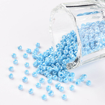 (Repacking Service Available) Glass Seed Beads, Opaque Colors Lustered, Round, Light Cyan, 12/0, 2mm, Hole: 1mm, about 12g/bag