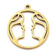 304 Stainless Steel Pendants, Real 18K Gold Plated, Laser Cut, Flat Round with 12 Constellations Sign Charm, Gemini, 22x19.8x1mm, Hole: 1.6mm(STAS-Z043-01C)
