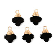 Glass Pendants, with Light Gold Copper Wire, Flower, Black, 17x12.5x3mm, Hole: 1.8mm(G-S359-77)