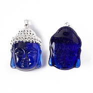 Medium Blue Glass Pendants, with Rack Plating Brass Findings, Buddha Head, Silver, 38.5x26x15.5mm, Hole: 4.5x6.5mm(KK-I639-01GS)