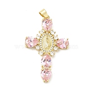 Rack Plating Brass Micro Pave Cubic Zirconia Pendants, Cadmium Free & Lead Free, Real 18K Gold Plated, Cross with Saint, Pearl Pink, 45.5x29x6mm, Hole: 4x6mm(ZIRC-I059-15G-07)
