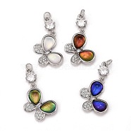 Brass Micro Pave Clear Cubic Zirconia Pendants, with Platinum Plated Brass Loops & Glass, Cadmium Free & Nickel Free & Lead Free, Butterfly, Mixed Color, 14x20x5mm, Hole: 3.5mm, Jump Ring: 5x0.8mm(ZIRC-C030-02P)