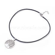 Tibetan Style Alloy Pendant Necklaces, with Cowhide Leather Cord and 304 Stainless Steel Lobster Claw Clasps, Flat Round with Tree of Life, Black, 17.9 inch(45.4cm), 3mm(NJEW-JN02189)