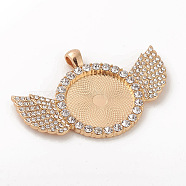 Alloy Pendant Cabochon Setting, with Crystal Rhinestone, Flat Round with Wing, Light Gold, Tray: 25mm, 41x60x3mm, Hole: 3.5x5.5mm(ALRI-WH0005-11KCG)