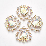 Alloy Pendants, with Plastic Imitation Pearl, Glass and Rhinestone, Heart, Light Gold, Clear AB, 26x26.5x6mm, Hole: 2mm(X-PALLOY-S177-28E)