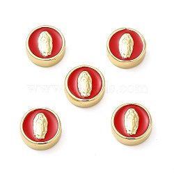 Brass Enamel Beads, Flat Round with Virgin Mary, Real 18K Gold Plated, Red, 11x5mm, Hole: 2mm(KK-E068-VB151-2)