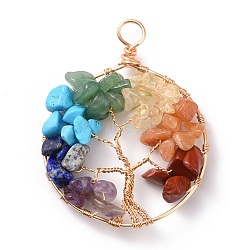 Natural & Synthetic Gmestone Copper Wire Big Pendants, Natural Amethyst & Green Aventurine & Citrine & Lapis Lazuli & Red Jasper & Red Aventurine, Synthetic Howlite, Mixed Dyed and Undyed, Tree, Light Gold, 54.5~55x42x8.5~9.5mm, Hole: 5.5~6.5mm(PALLOY-JF01433-01)
