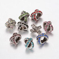 Tibetan Style Alloy Rhinestone Large Hole Beads, Mixed Color, 12x9x9mm, Hole: 6mm(MPDL-F017-13)