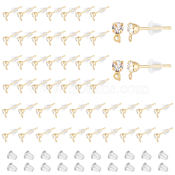 100Pcs Brass Cubic Zirconia Stud Earring Findings, with Horizontal Loops and 200Pcs Plastic Ear Nuts, Golden, 5.5x3mm, Hole: 0.8mm, Pin: 0.7mm(KK-DC0001-12)