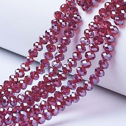 Electroplate Glass Beads Strands, Pearl Luster Plated, Faceted, Rondelle, Medium Violet Red, 4x3mm, Hole: 0.4mm, about 123~127pcs/strand, 16.5~16.9 inch(42~43cm)(EGLA-A034-T4mm-A02)