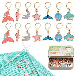 Ocean Theme Alloy Enamel Pendant Locking Stitch Marker, with 304 Stainless Steel Leverback Earring Findings, Mixed Shapes, Mixed Color, 3.7~4.3cm, 14pcs/set(HJEW-NB00086)