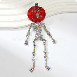 Halloween Skull with Pumpkin Enamel Pins, Alloy Rhinestone  Lapel Pin Backs for Clothes, Platinum, 128x32mm(JEWB-B027-02)