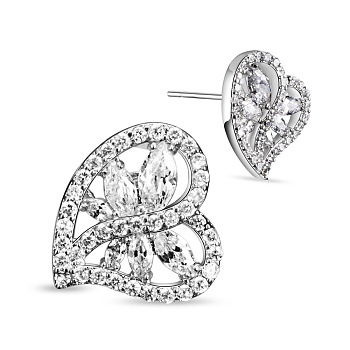SHEGRACE Heart Simple Fashion Platinum Plated Brass Stud Earrings, with Micro Pave AAA Cubic Zirconia, Clear, 16mm