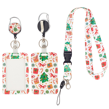 ABS Plastic ID Badge Holder Sets, include Lanyard and Retractable Badge Reel, ID Card Holders with Clear Window, Rectangle with Christmas Theme Pattern, Orange Red, 790mm, 1 set/box