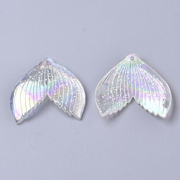 Transparent Acrylic Pendants, with Glitter Powder, AB Color Plated, Mermaid Fishtail, Floral White, 24x26x3mm, Hole: 1.4mm