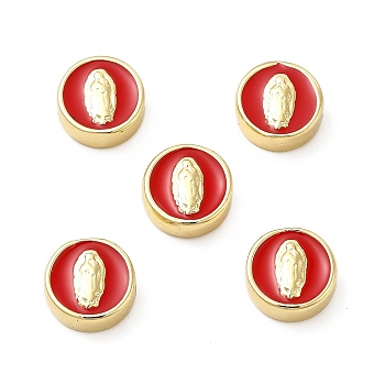 Brass Enamel Beads, Flat Round with Virgin Mary, Real 18K Gold Plated, Red, 11x5mm, Hole: 2mm