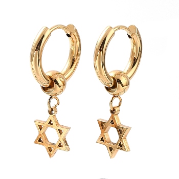 6Pairs Vacuum Plating 201 Stainless Steel Star of David Dangle Hoop Earrings with 304 Stainless Steel Pin for Women, Golden, 28mm, Pin: 1mm