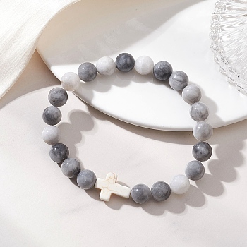 Natural Hawk's Eye & Synthetic Turquoise Beaded Stretch Bracelets for Women Men, Round & Cross, Beads: 8.5~9mm, Inner Diameter: 2.17 inch(5.5cm)