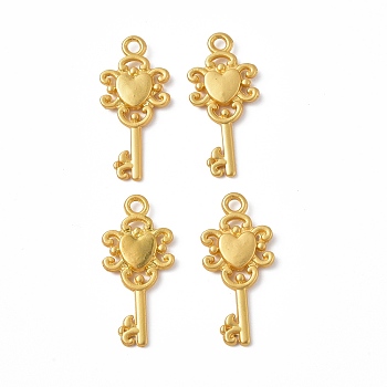 Rack Plating Alloy Pendants, Cadmium Free & Lead Free & Nickle Free, Key with Heart Charms, Matte Gold Color, 25.5x12x2.5mm, Hole: 1.8mm