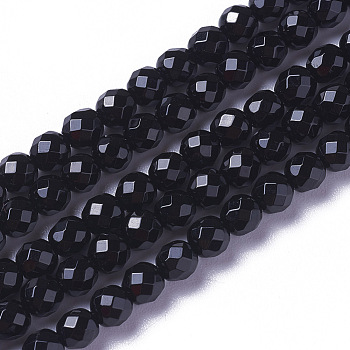 Natural Black Onyx Beads Strands, Faceted, Round, 3~3.5x2.5~3mm, Hole: 0.3mm, about 114~141pcs/strand, 15.1~16.4 inch(38.4~41.8cm)